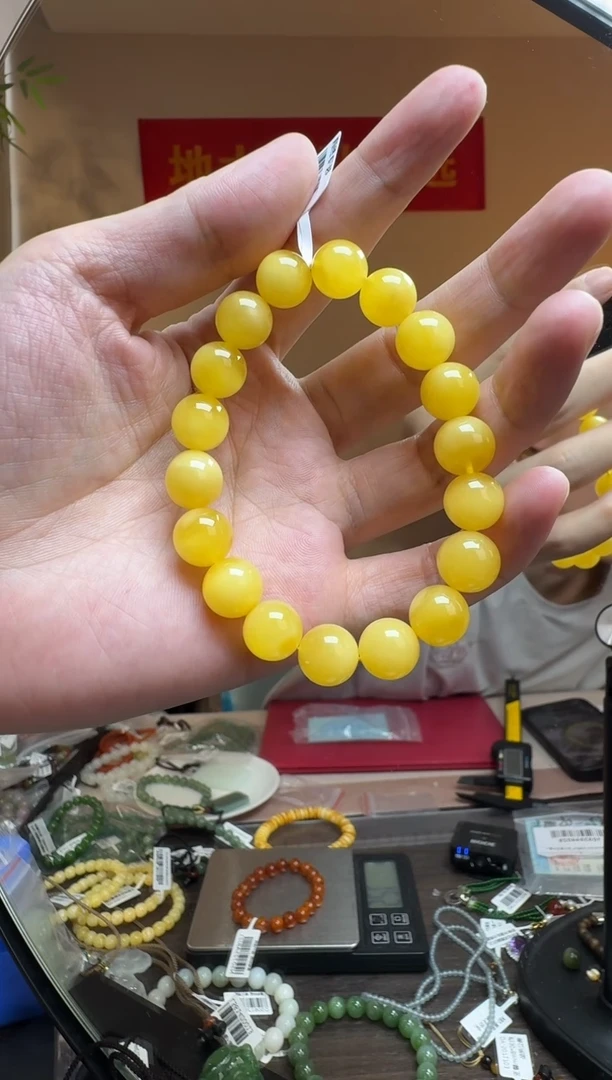 手链琥珀未镶嵌约10mm俄料鸡油黄白花蜜蜡圆珠单圈