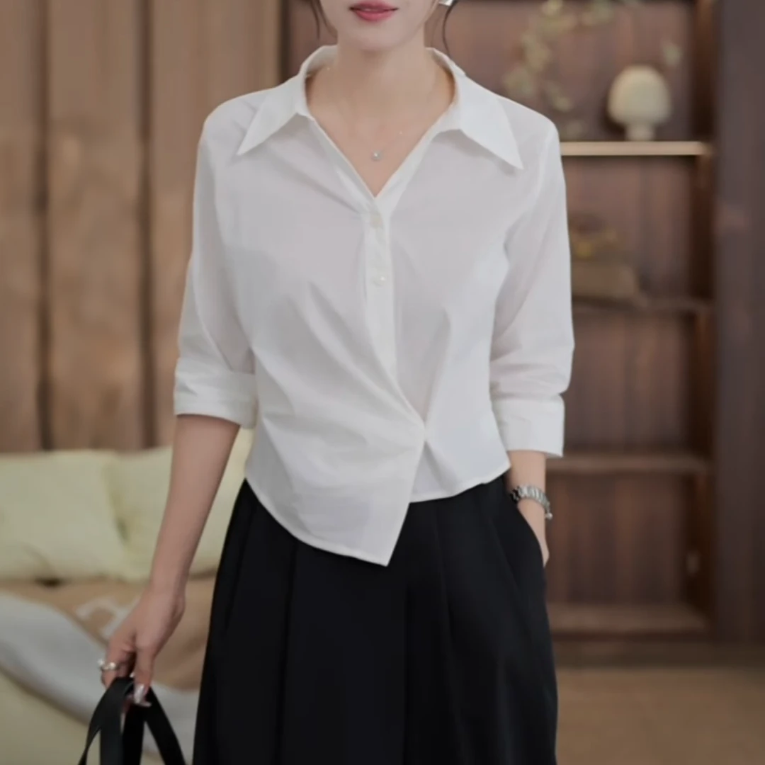【白日昭昭】秋季新款简约气质纯色短袖衬衫显瘦百搭上衣LK2505240