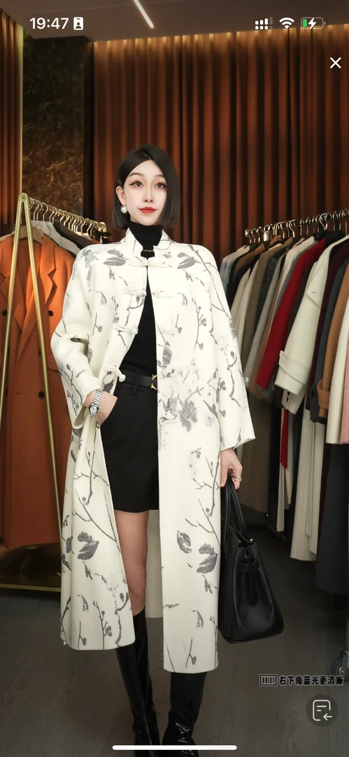 【深圳金爷】国风水墨画款双面绵羊毛大衣女外套气质时尚百搭秋冬