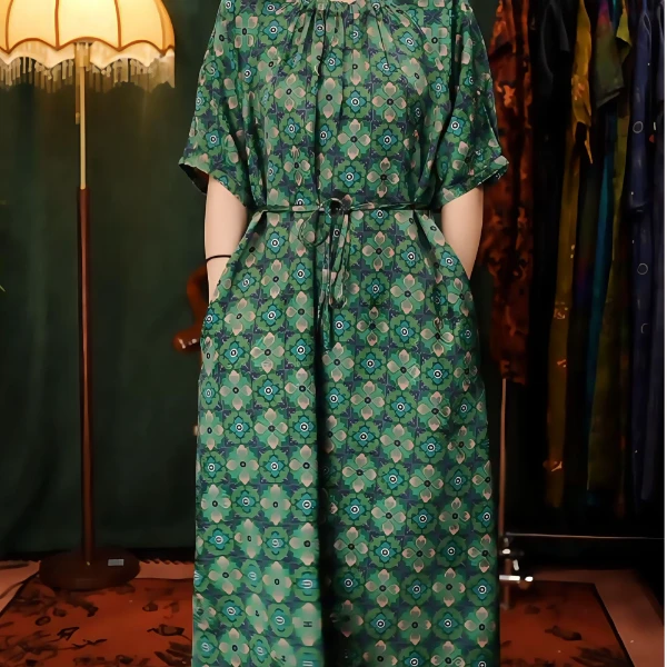 绿色宝格花重磅重锻新中式老钱风夏季民族风连衣裙