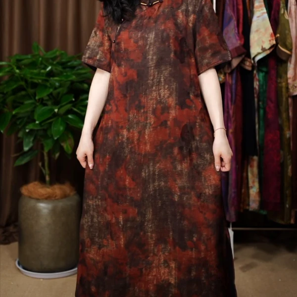 夏季国风斜襟春季新中式连衣裙重磅宽松旗袍印花中长款大码