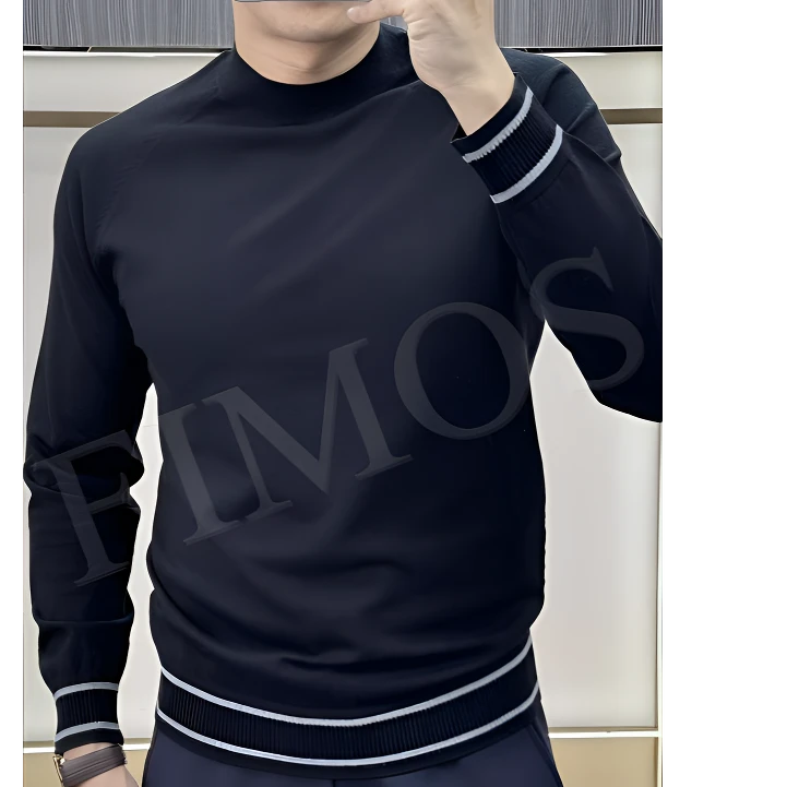 秋冬新款男士商务休闲半高领打底针织衫条纹时尚修身百搭毛衣冬季