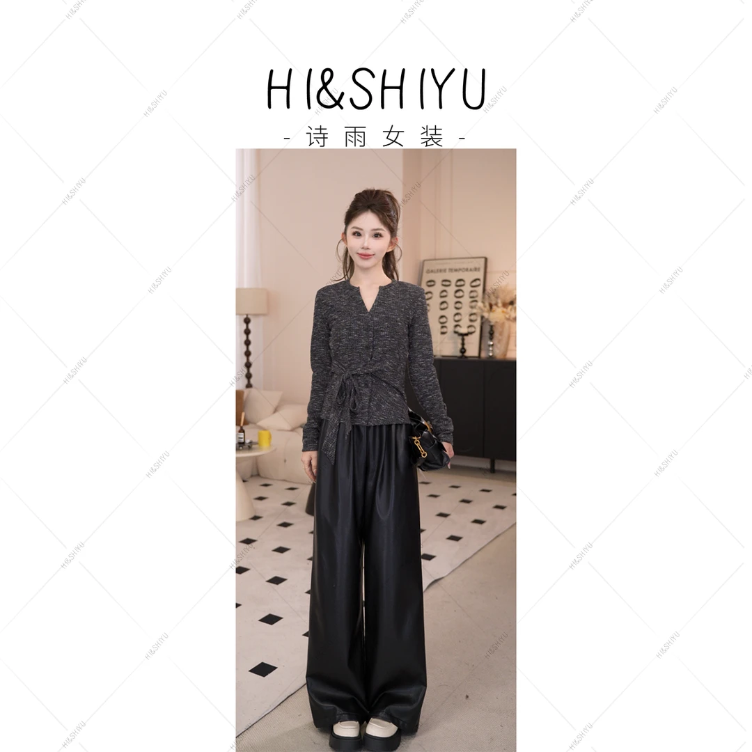 诗雨设计25年新款时尚宽松气质百搭直筒皮裤