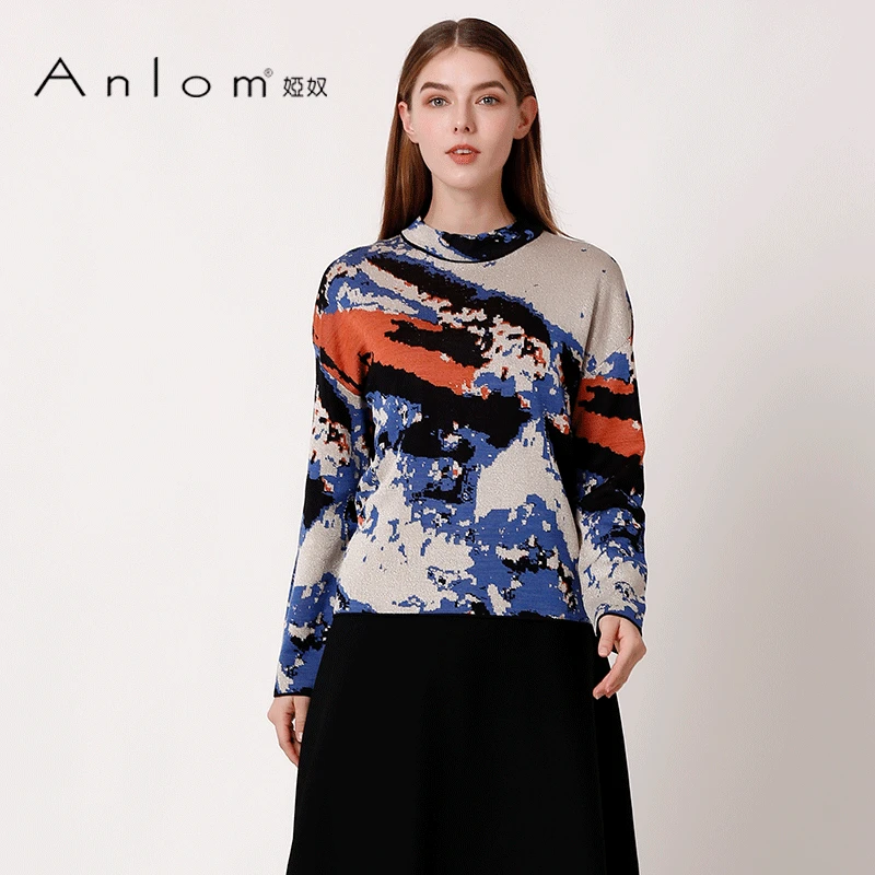 Anlom/娅奴秋季新款休闲复古印花长袖时尚圆领针织衫女上衣套衫
