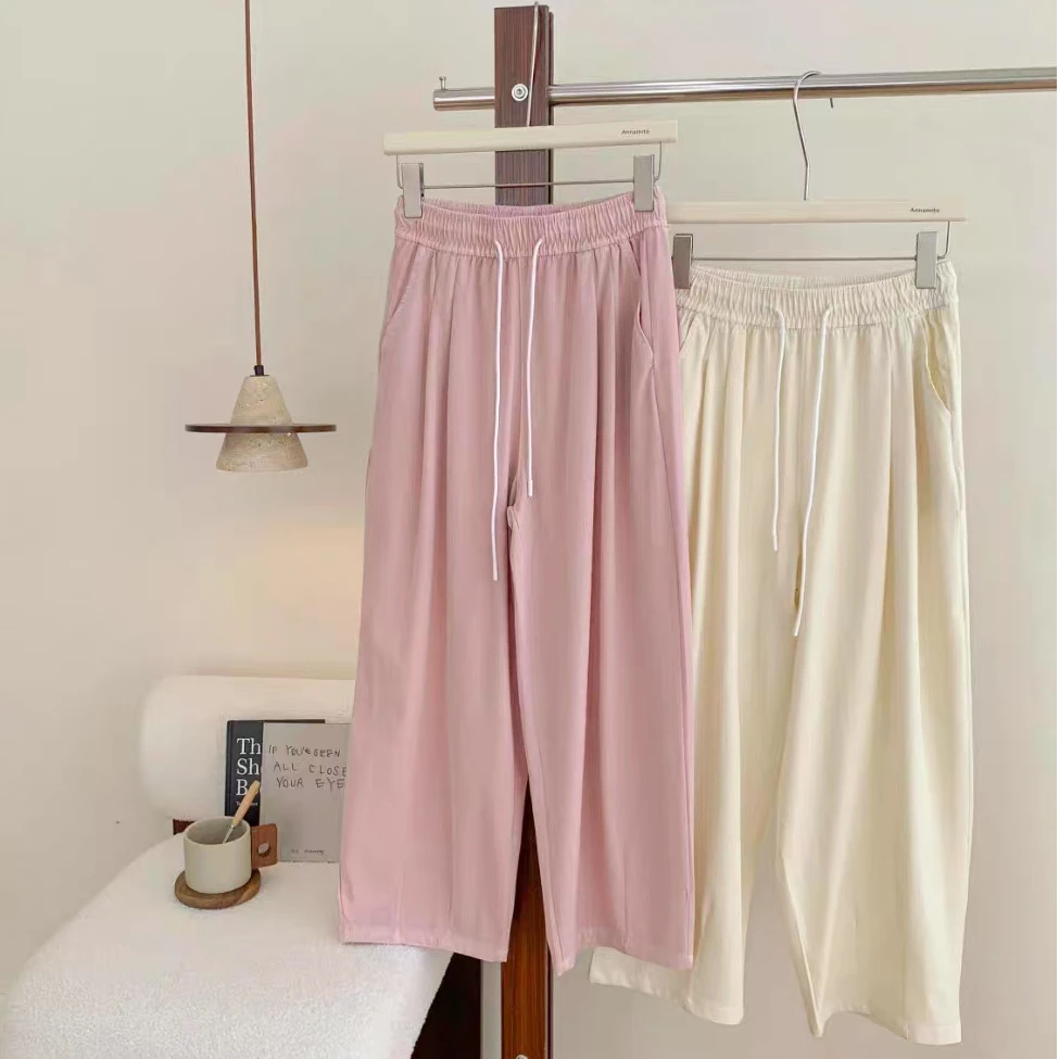 【艾萱萱】62517款抽绳高腰轻薄透气亲肤休闲垂感休闲裤 约93