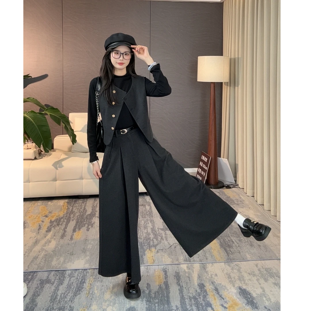 蔡小姐马甲+打底衫+裙裤时尚套装西裤直筒气质秋季百搭长裤高腰