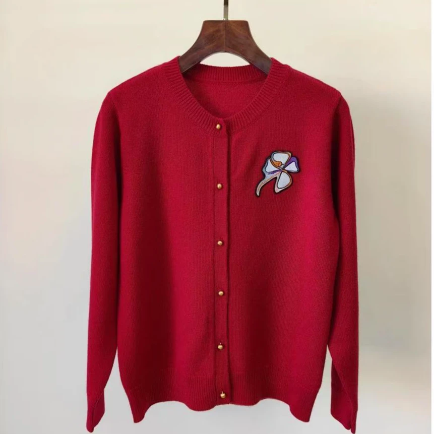 1440#秋冬新款圆领幸运花女针织开衫温婉百搭毛衣外套女