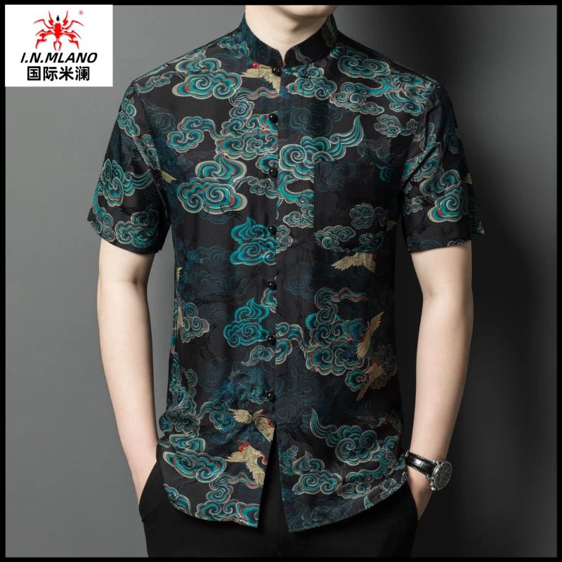 桑蚕丝衬衫立领龙图案中国风休闲中年男装潮流真丝短袖唐装男上衣