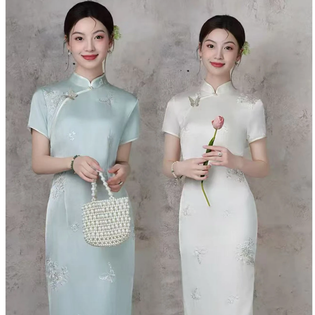 【素锦】衣长118新中式高端刺绣文艺复古日常旗袍立领显瘦修身