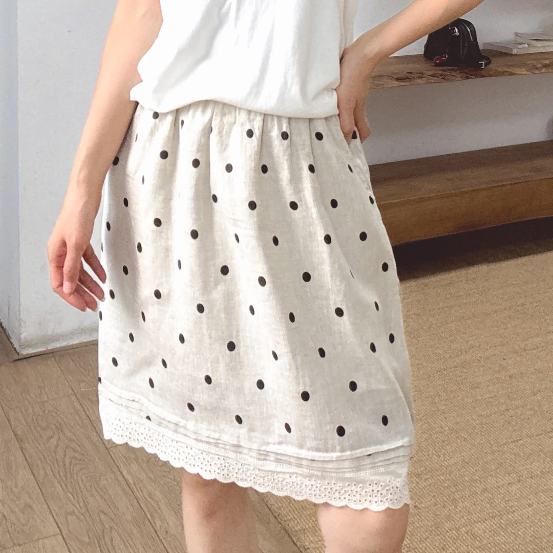 夏季亚麻半身裙显瘦白色蕾丝中长裙外穿直筒裙休闲宽松波点短裙