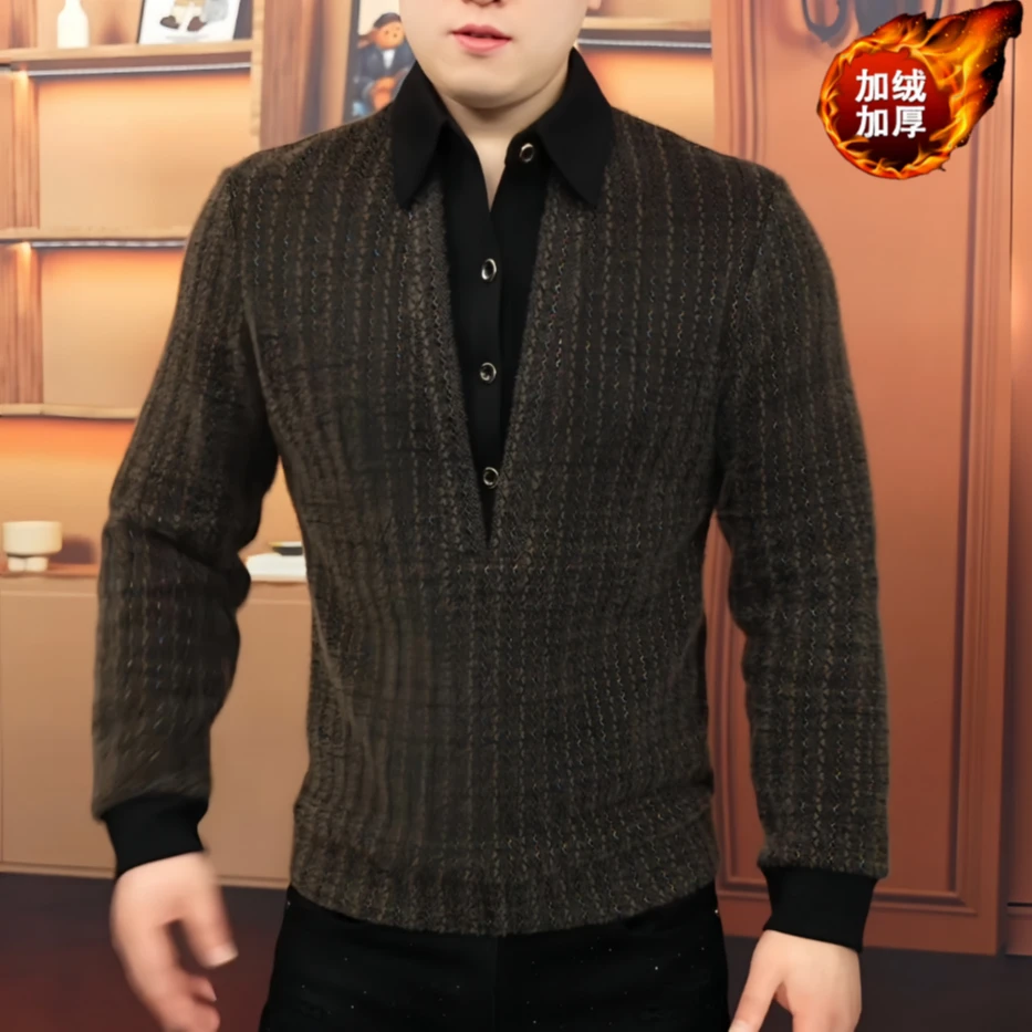 《都市棱纹》翻领假两件针织衫时尚简长袖休闲潮流加绒加厚商务保暖