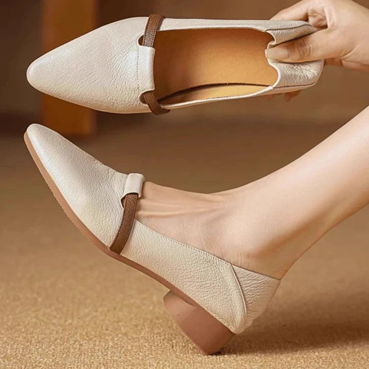 断码清仓真皮单鞋女2025春秋季新款百搭粗跟鞋底尖头低跟女鞋