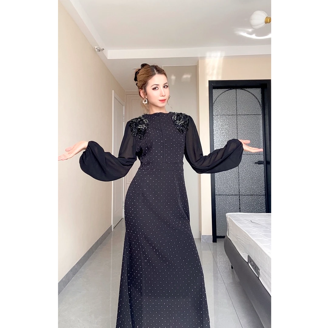 8801【包邮】新款时尚气质优雅高级烫钻女装连衣裙