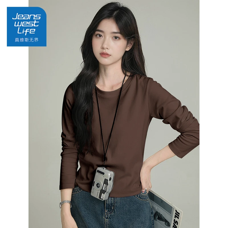 真维斯无界圆领打底衫女2025新款外穿紧身修身正肩秋内搭长袖上衣