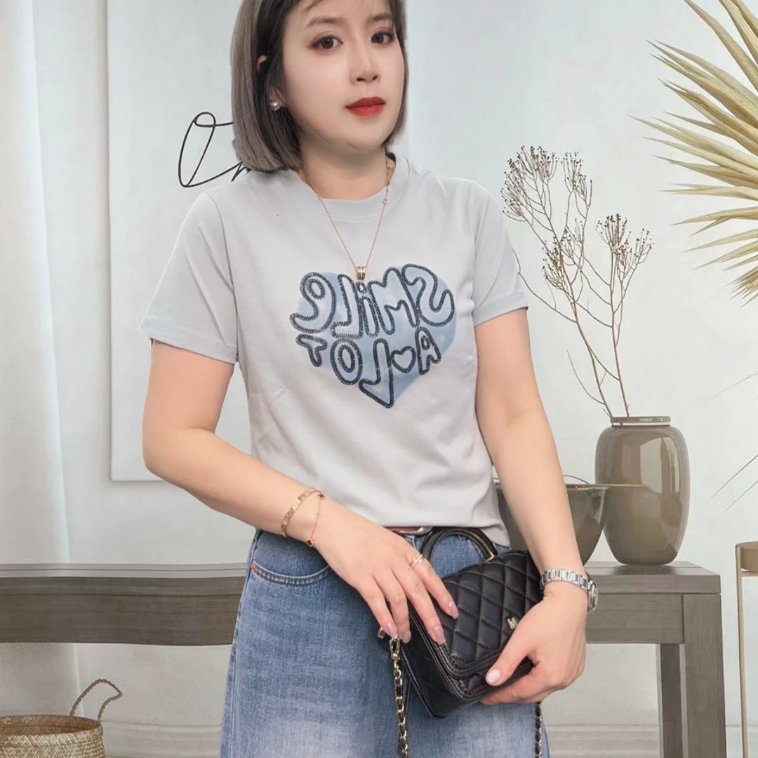 时尚圆领爱心烫钻印花短袖女款爆款新款显瘦T恤上衣洋气小衫5197