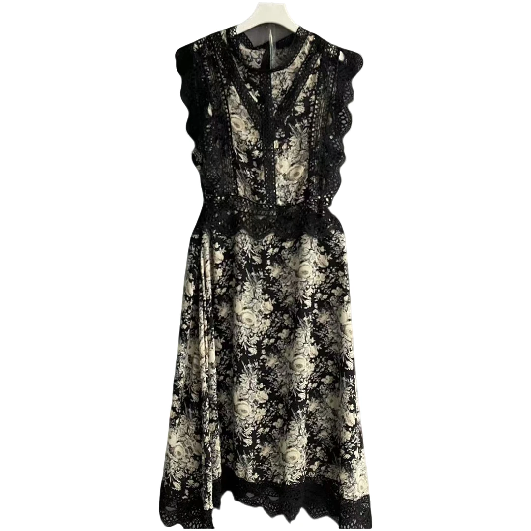 印花无袖碎花吊带夏季通勤连衣裙裙子长裙蕾丝收腰