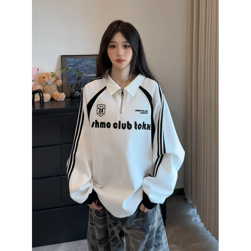 美式半拉链polo衫卫衣男秋季新款拼接字母印花落肩袖潮牌长袖t恤