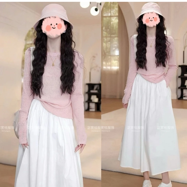 网红洋气炸街女装2025春夏显瘦防晒长袖针织上衣百搭半身裙套装女