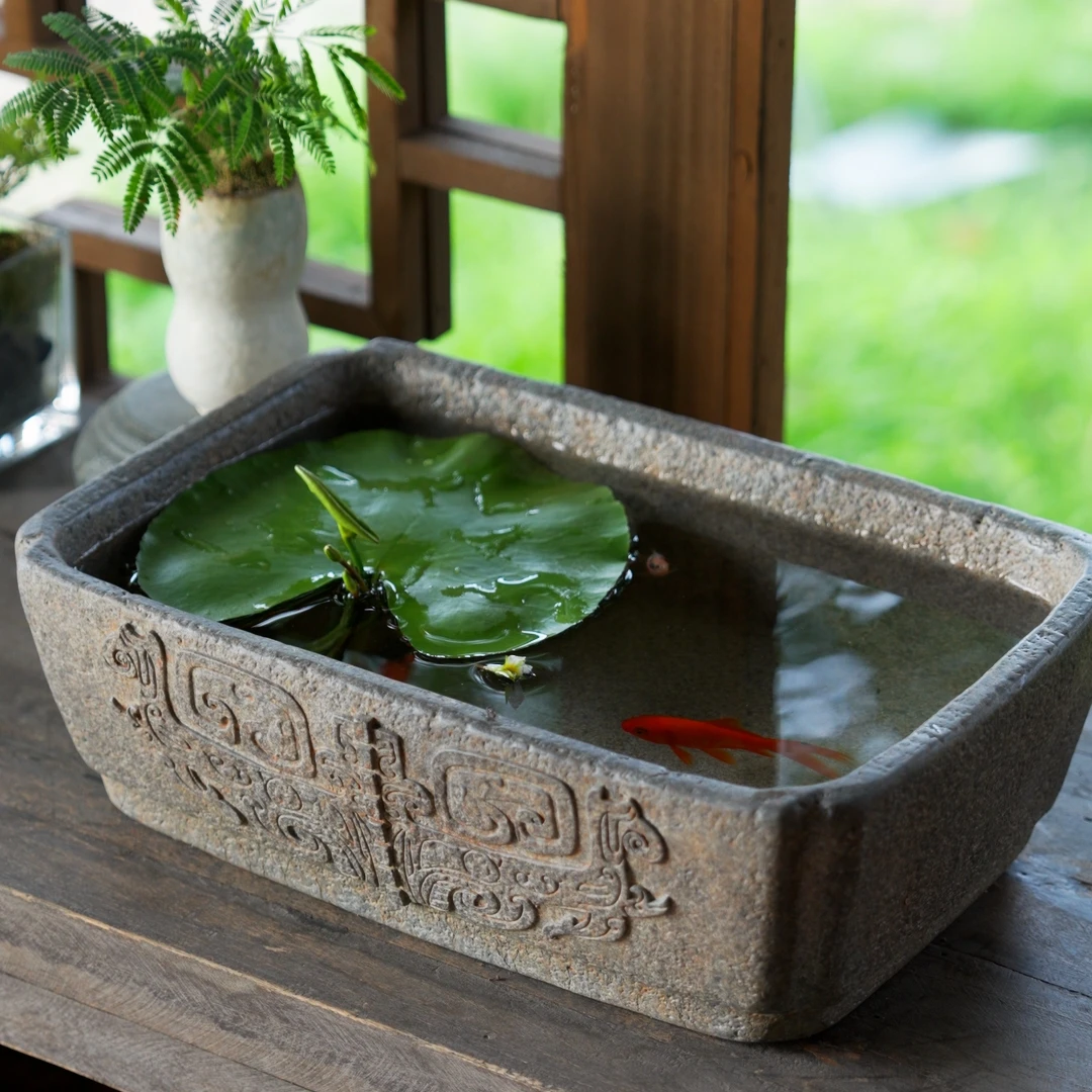 院景翁长方形兽面饕餮纹石盆花盆 户外庭院摆件