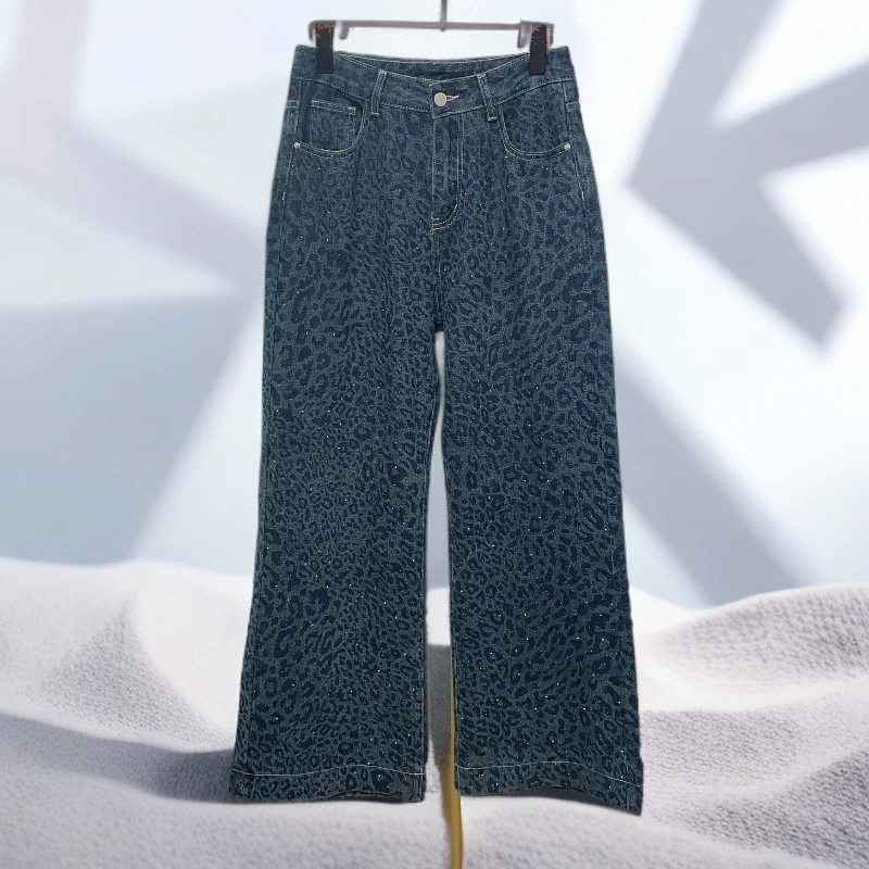 原创设计感亮钻豹纹显高显瘦直筒微喇牛仔裤女