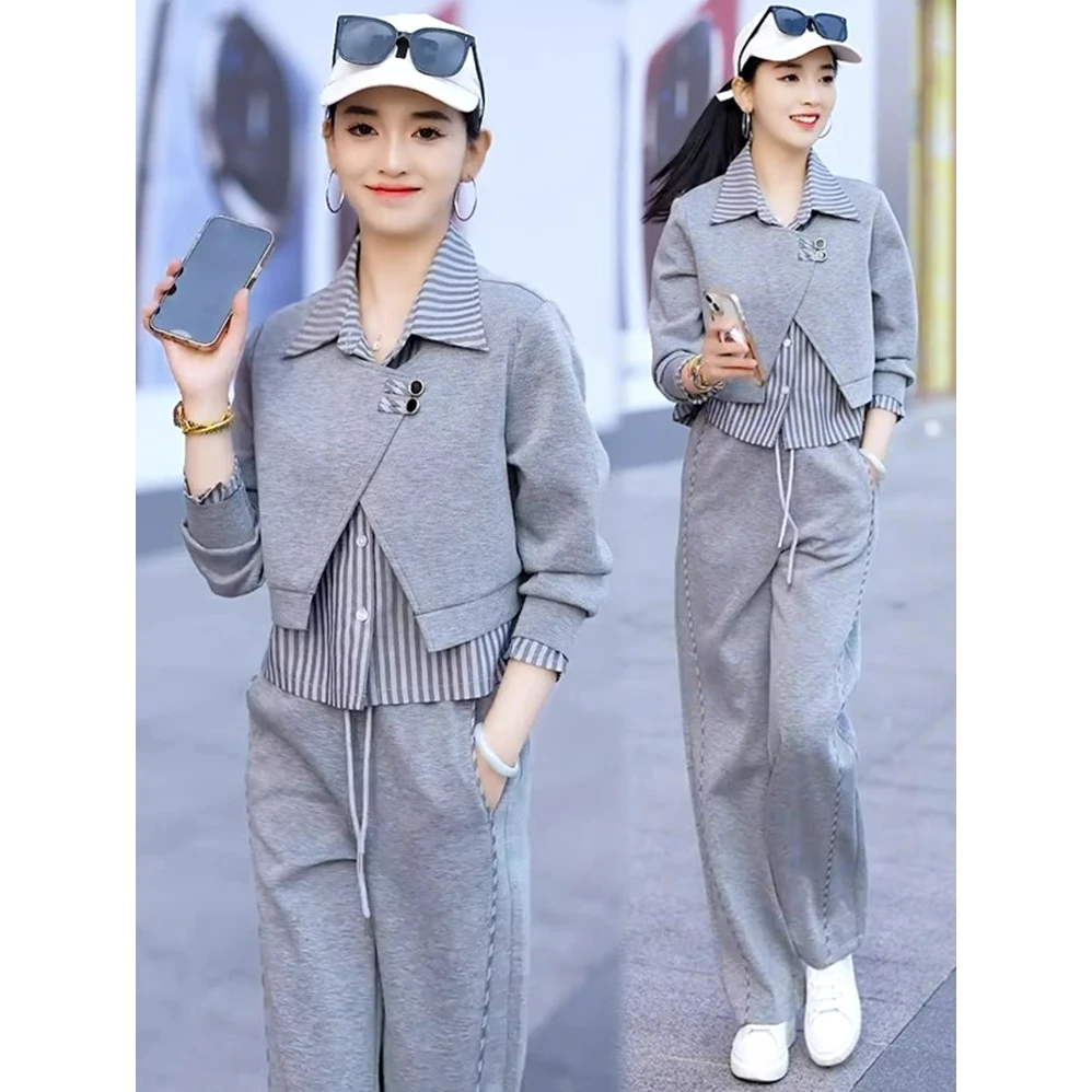 设计感休闲套装女2025春秋季新款洋气显瘦假两件衬衫阔腿裤两件套