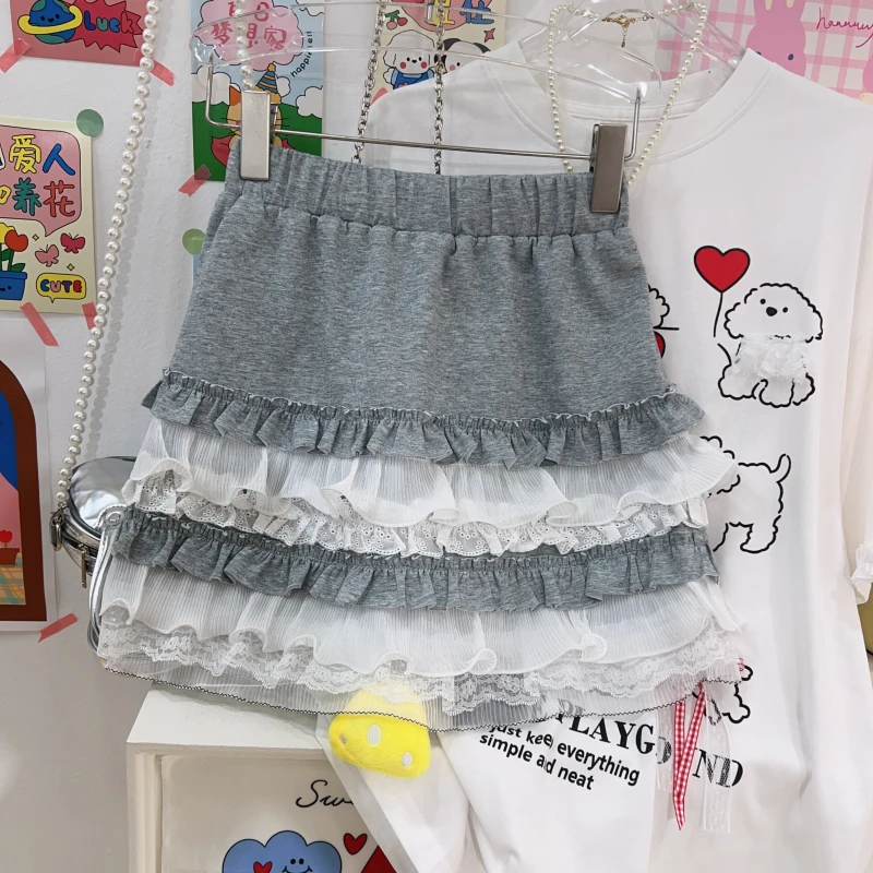 【钱呼呼】2025夏季新款小版型多层蕾丝花边拼接半身裙有短裤里衬