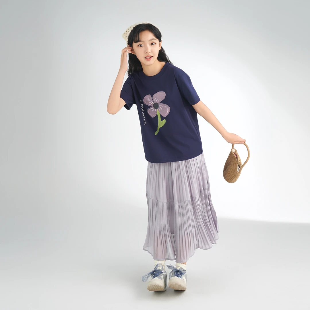 女童2025夏季新款短袖半裙套装气质时尚花朵印花宽松短袖