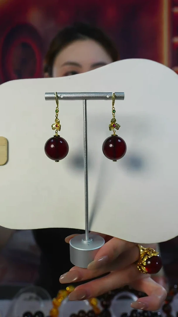 琥珀银S925镶嵌耳饰天然缅甸血珀耳坠 19mm+ 设计款