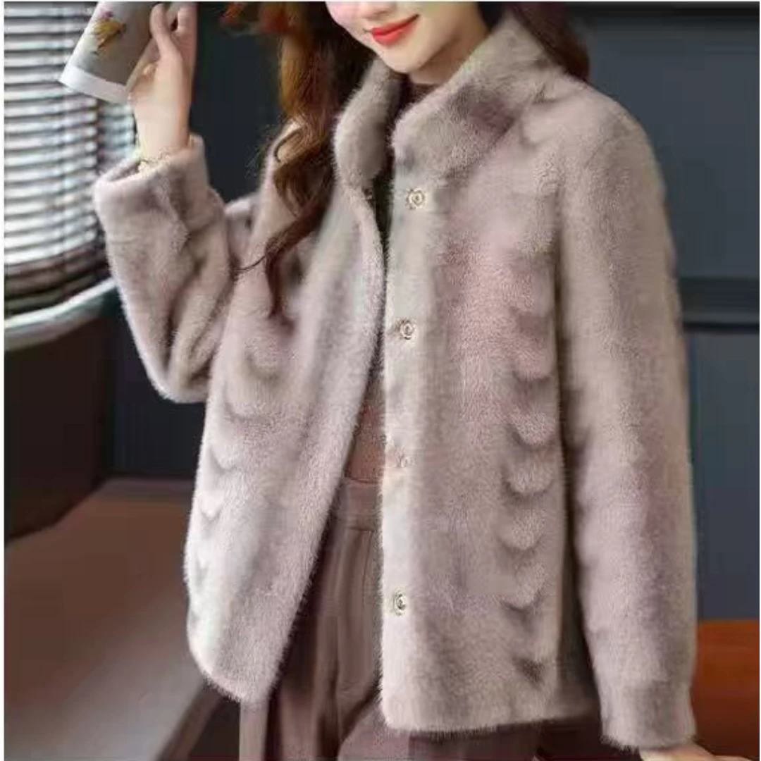 高贵仿貂毛皮毛一体外套洋气2025秋冬新款立领妈妈装月牙设计款