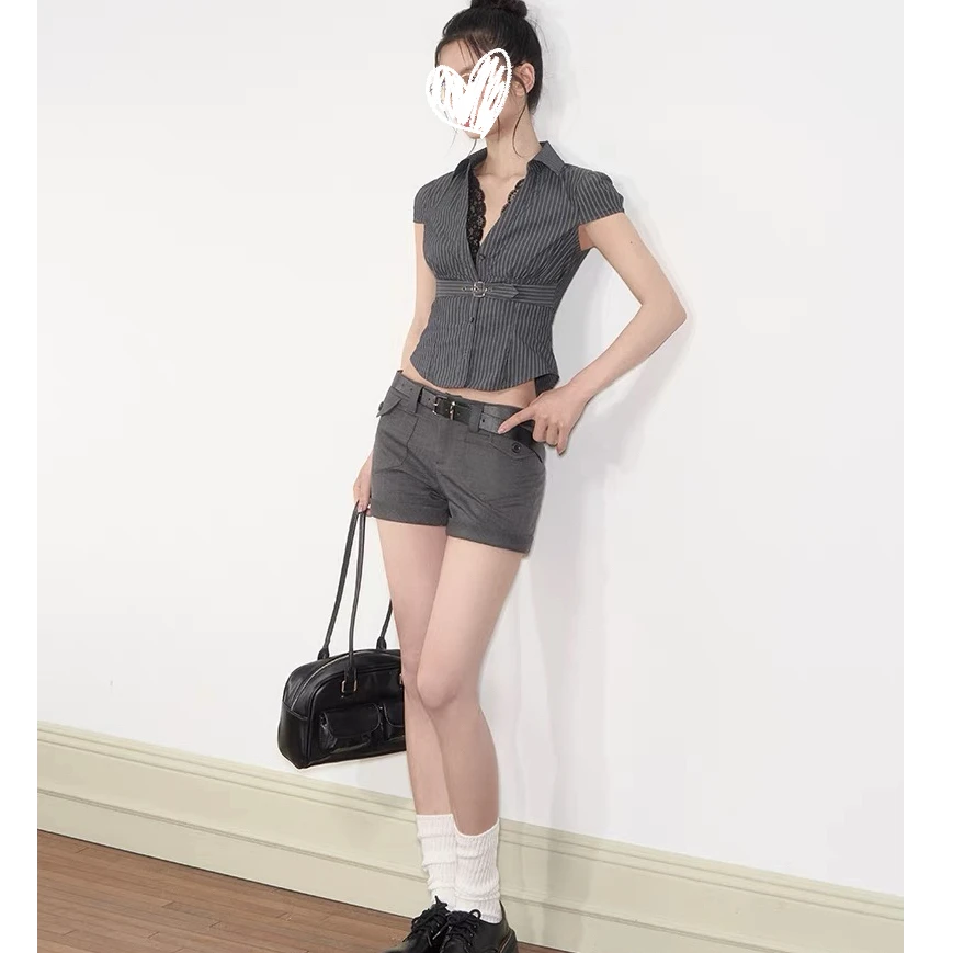 韩系条纹假两件蕾丝v领短袖衬衫女装夏季设计感气质收腰独特上衣