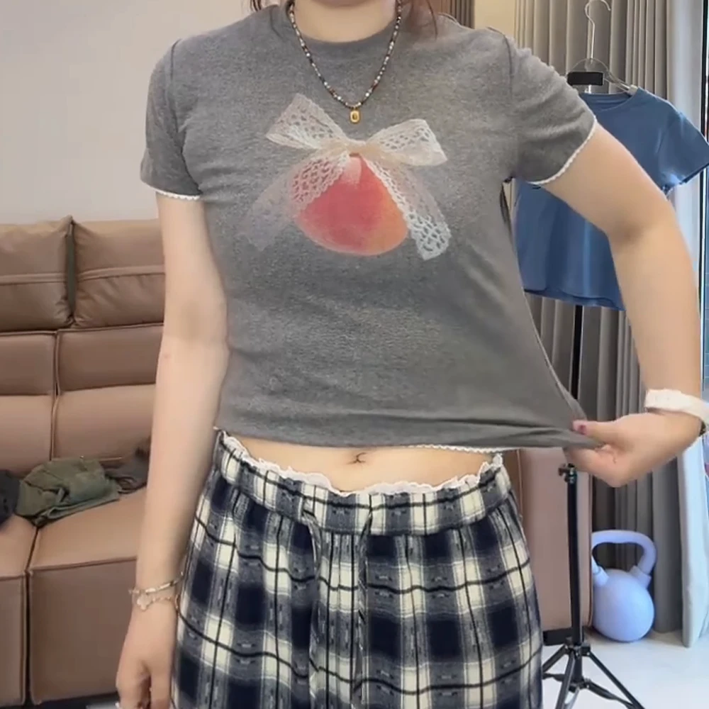 小众设计水蜜桃印花休闲百搭修身短袖T恤女夏2025新款短款上衣