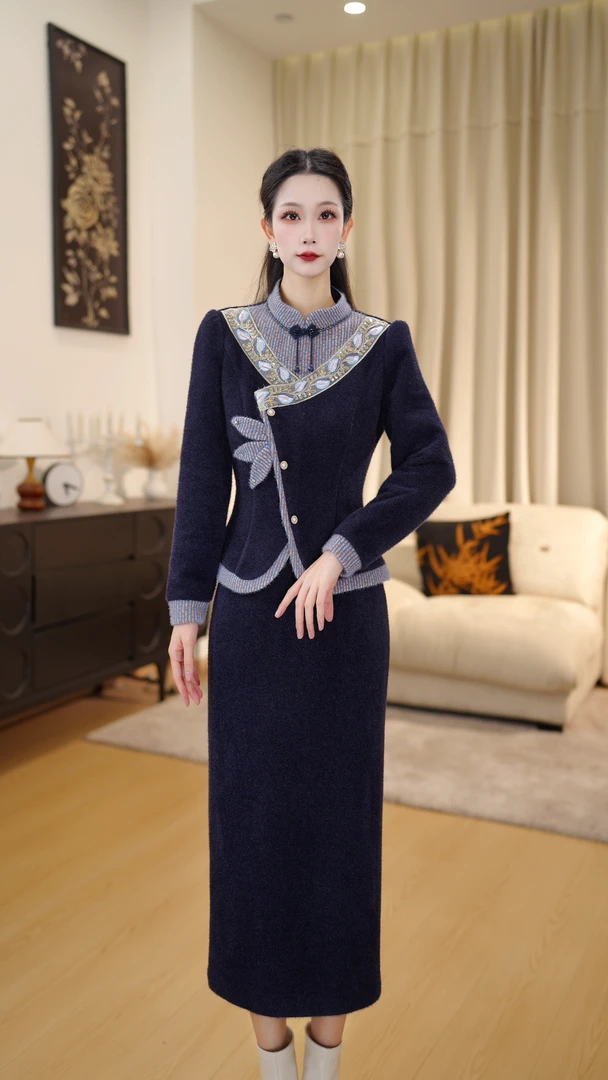 【 DLS5Q321】夹棉加厚两件套轻奢冬季款收腰显瘦高端精致连衣裙