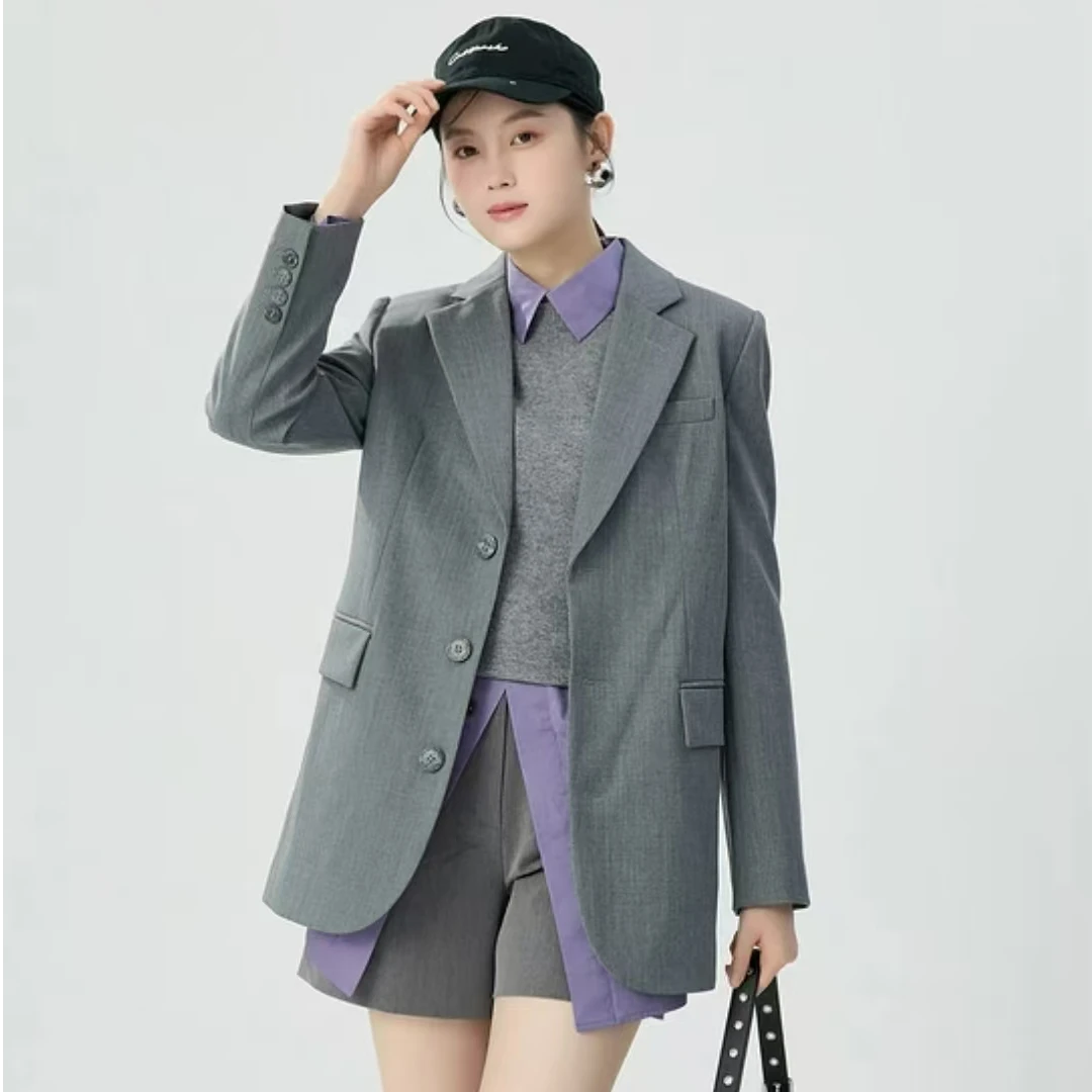 AMASS/阿玛施通勤直身版廓形中长西装宽松灰色外套女款5400924