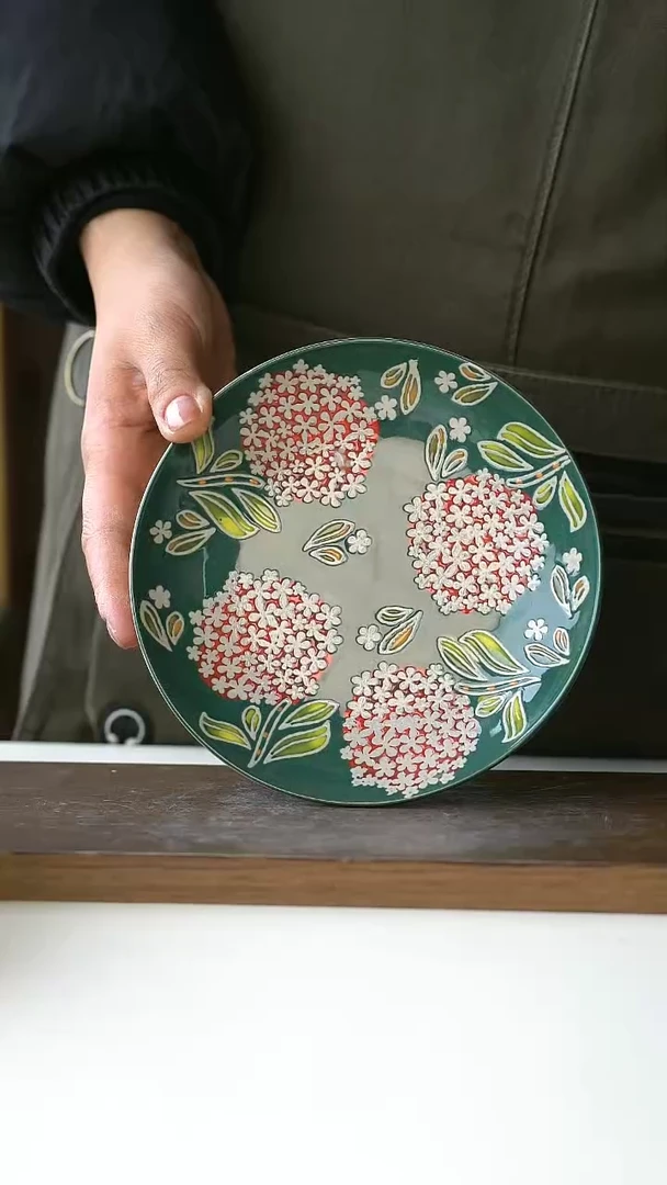 【闪购商品】陶瓷手绘油画绣球甜品盘@4-2@