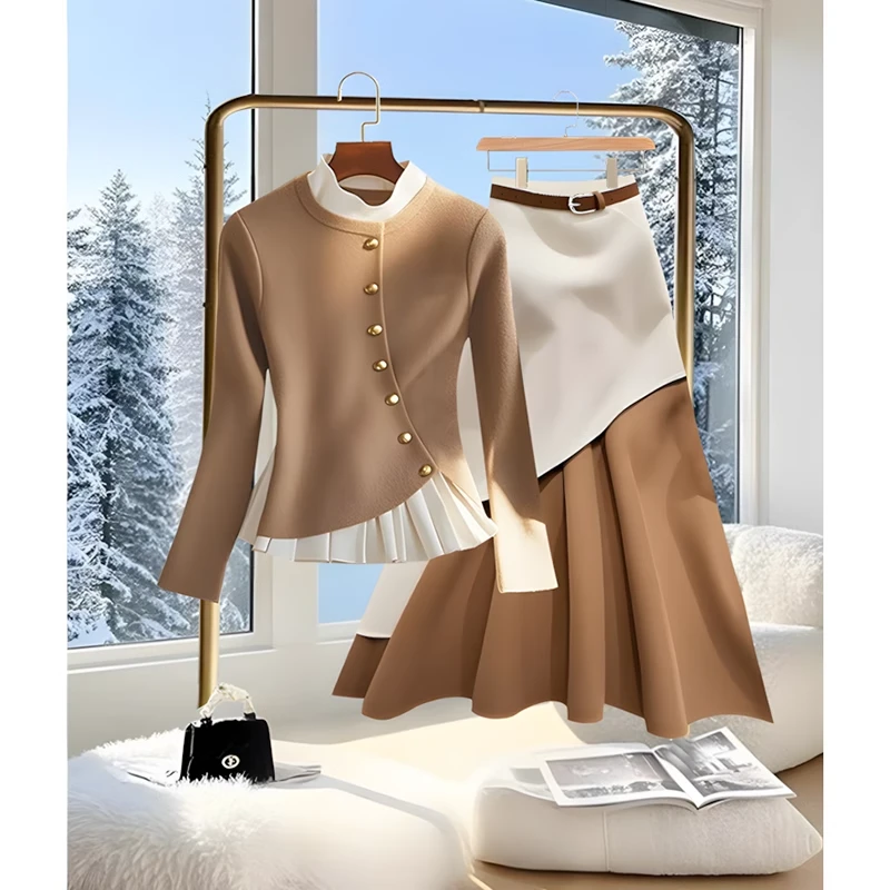 美拉德穿搭一整套卡其色针织打底衫女2025春季新款高级感半身裙子