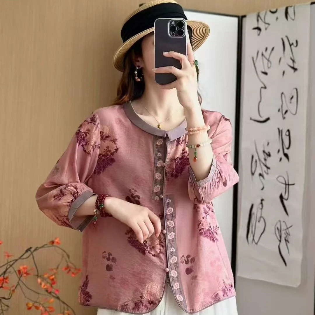2025夏季中式国风上衣新款刺绣七分袖衬衫开衫印花宽松小衫女