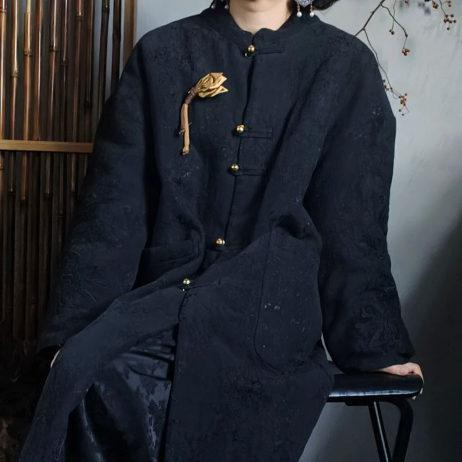 复古文艺原创轻奢设计长款国风棉衣外套 3654