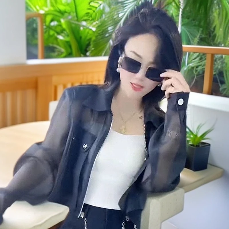 夏季新款韩版休闲甜美Polo领长袖防晒外套女名媛气质纯色显瘦上衣