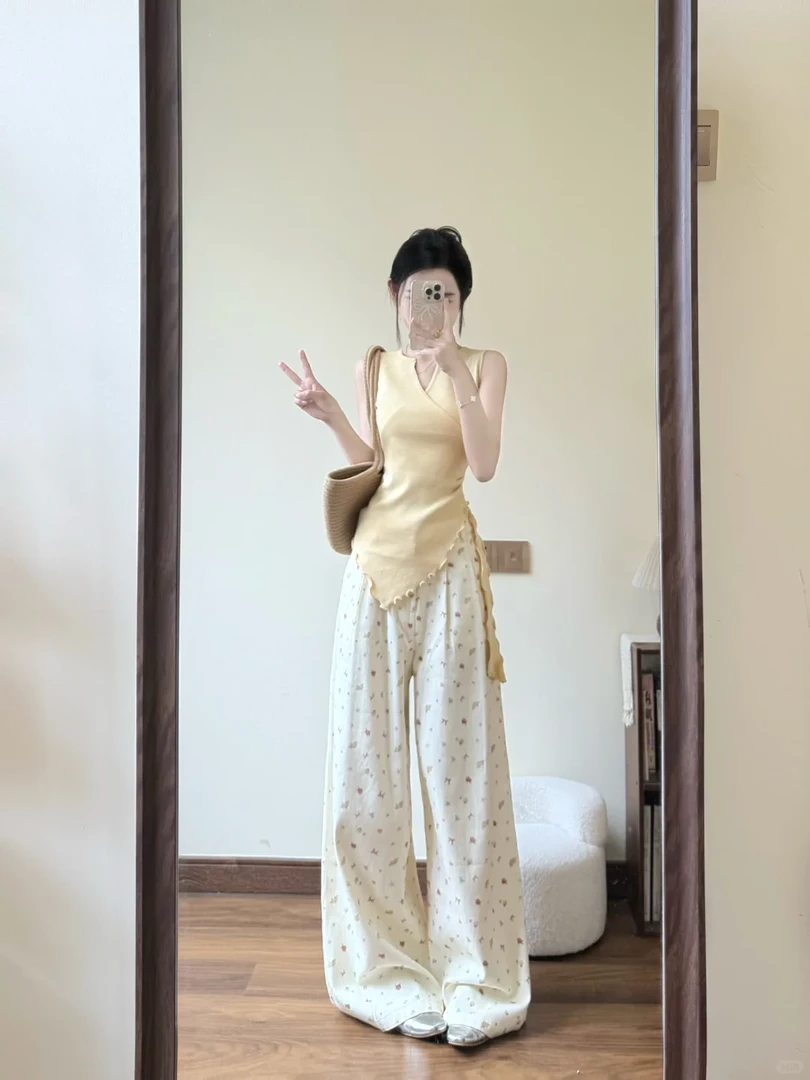少女甜美韩系套装女夏季2025新款不规则开叉针织上衣蝴蝶结休闲裤