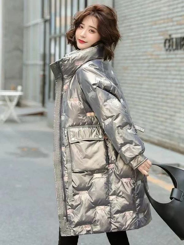 2611  冬季2025年新款洋气高端中长款亮面90白鸭绒羽绒服外套