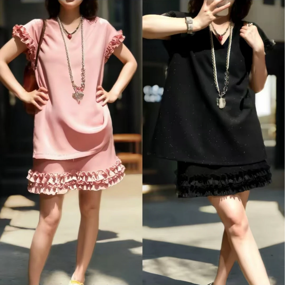 星耀流光高品重工木耳边拼接洒银上衣+半身裙套装25764