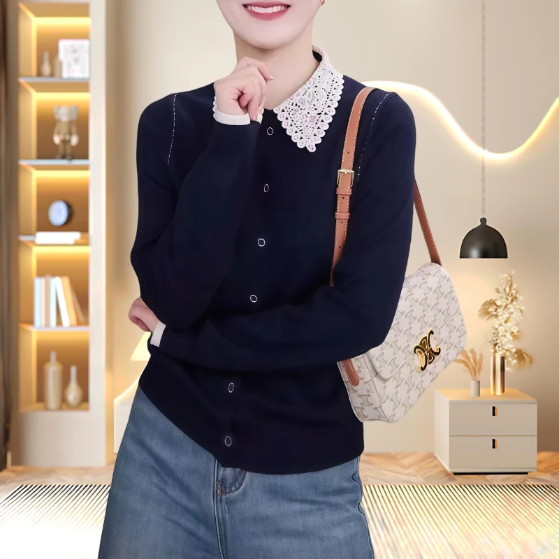 韩系秋冬装薄款针织修身型常规毛针织衫衬衫翻领假两件宽松上衣