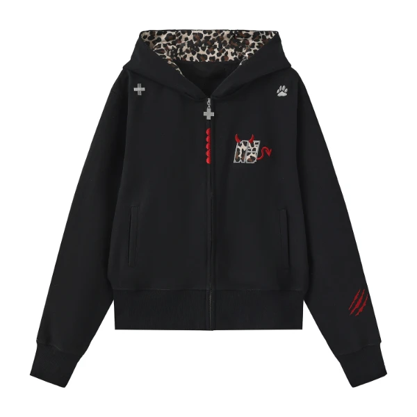 马克华菲小恶魔豹纹贴布连帽拉链外套男女同款秋季开衫百搭卫衣