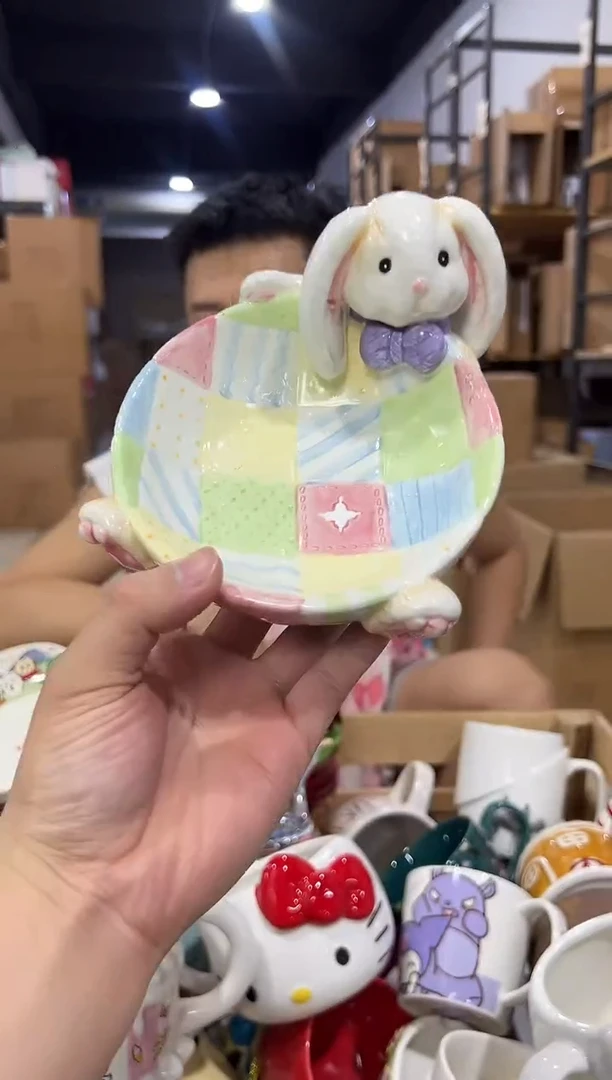 瓷片绿色原盒兔子糖果碗