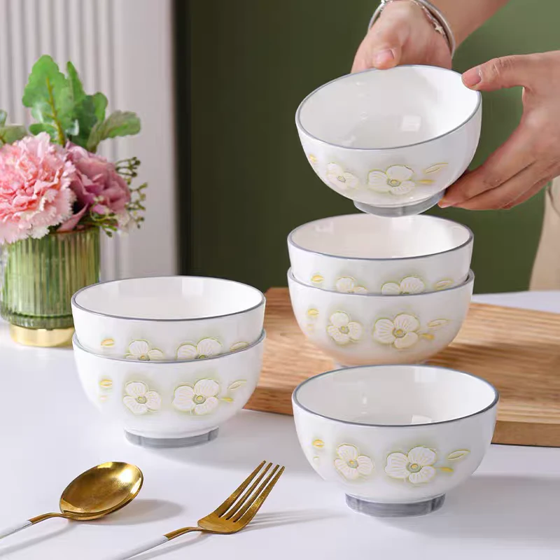 【柒喜甄选】金枝玉叶4.5英寸10个装中式家用防烫加厚陶瓷米饭碗