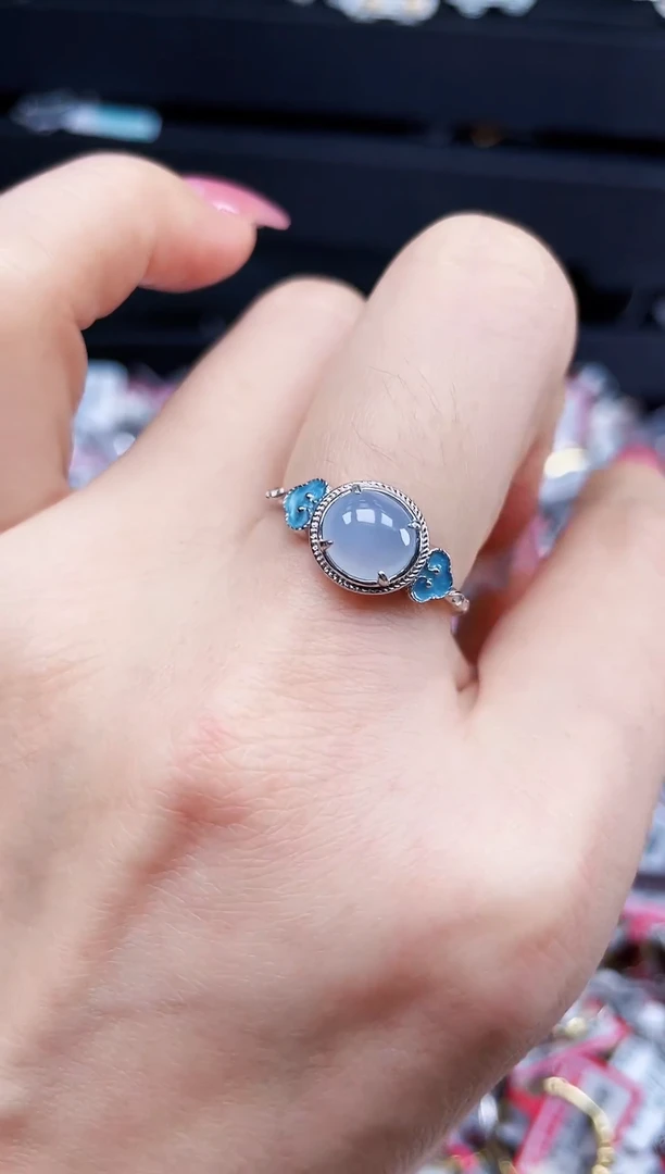 银S925镶嵌戒指翡翠天然缅甸A货翡翠