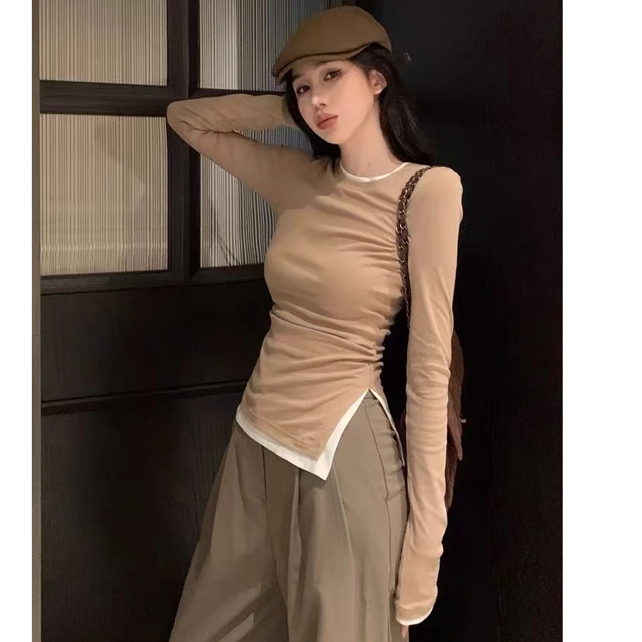416超显瘦叠穿假两件棉质圆领T恤上衣长袖修身打底衫