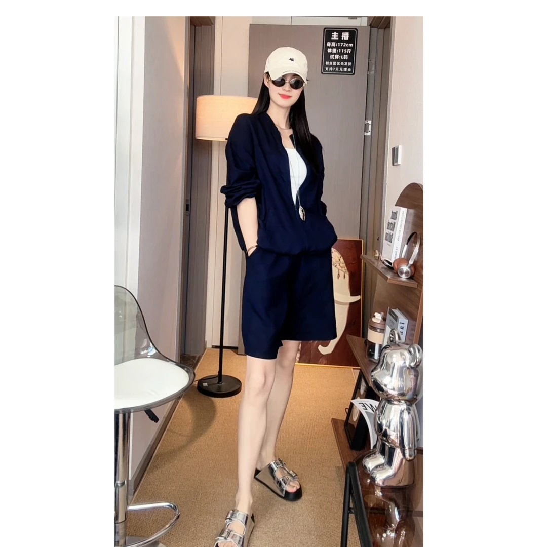 【布丁妈专属】简约亚麻外套短裤新品宽松百搭长袖套装66168