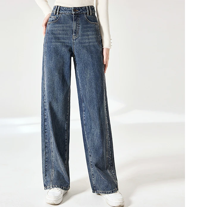 K644713牛仔裤 香影直筒阔腿裤牛仔裤女冬季新款烫钻显瘦