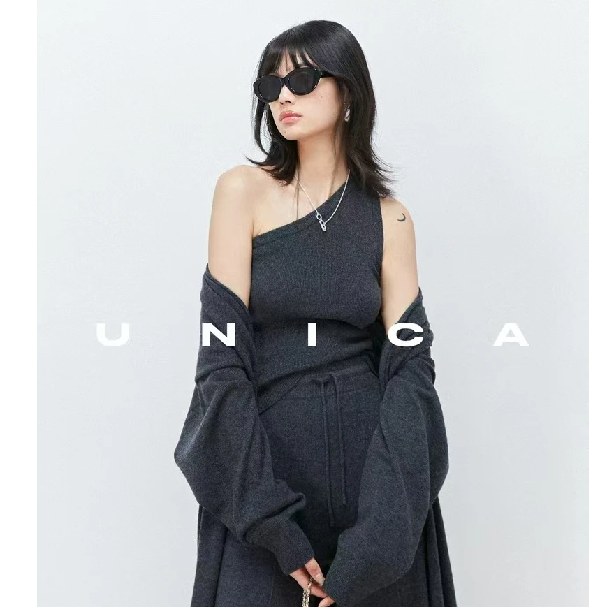 休闲套装女中长款宽松毛衣外套早秋内搭斜肩小背心三件套